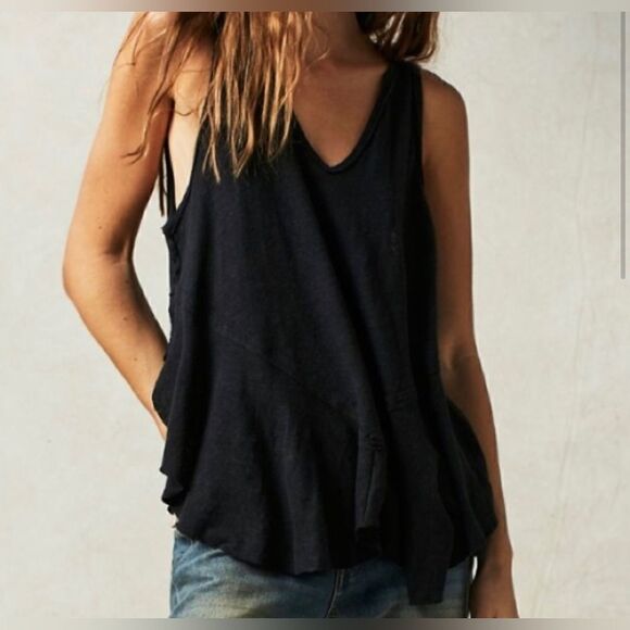 Free People NWT Rosie Drop Waist Tank Linen Cotton in Black - Picture 3 of 11